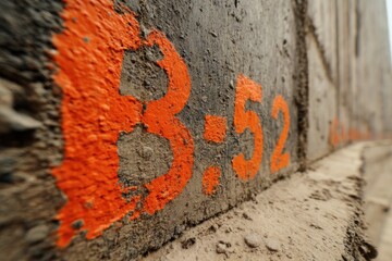 Rough Concrete Wall with Orange Spray Paint Construction Numbers