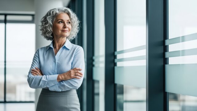 Happy mature business woman leader stands confidently in a modern office, thoughtfully gazing away, radiating competence and experience