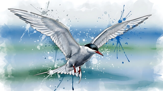 Graceful Arctic Tern watercolor illustration in dynamic flight against abstract blue-green splash background art. - Powered by Adobe