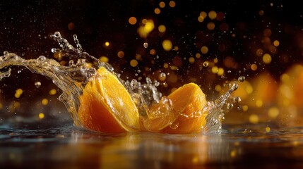 Vibrant Orange Slices Splashing in Water with Bokeh Lights.