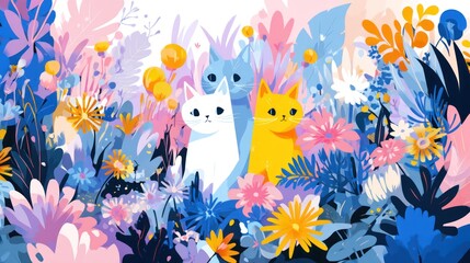 Whimsical Garden Scene with Adorable Cats and Vibrant Flowers.