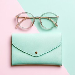 Stylish Round Eyeglasses and Mint Green Clutch Bag on Pastel Background.