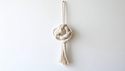 Rope hanging wall with knot on it end and white wall behind.