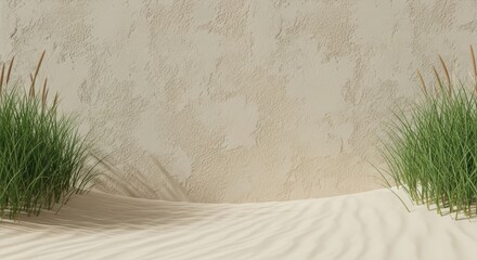 Soft desert sand dunes with green grass accents