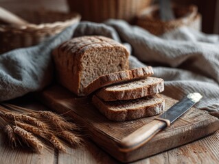 Rustic loaf of bread with sliced pieces on a wooden board.