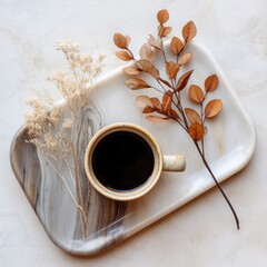 Aesthetic Overhead View of a Coffee Cup on a Marble Tray with Dried Flowers.