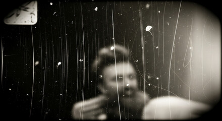 Vintage Woman Looking Through Broken Old Film Window