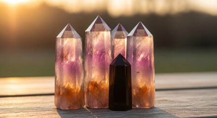 Healing crystals amethyst aura quartz towers outdoors sunlight golden hour