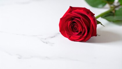 Single red rose on white marble surface with green leaf in the.