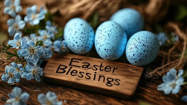 A beautiful rustic still life with blue speckled eggs, spring flowers, and a wooden Easter Blessings sign. The joy of spring and faith. Ideal for church bulletins or heartfelt seasonal greetings