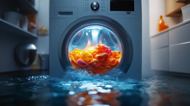 A broken washing machine floods a home tells a dramatic story of domestic disaster, creating an urgent background for insurance or plumbing service ads