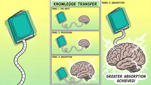 This humorous cartoon illustrates the three critical stages of knowledge transfer, showing input, processing, and final, powerful absorption of concepts into the human mind.