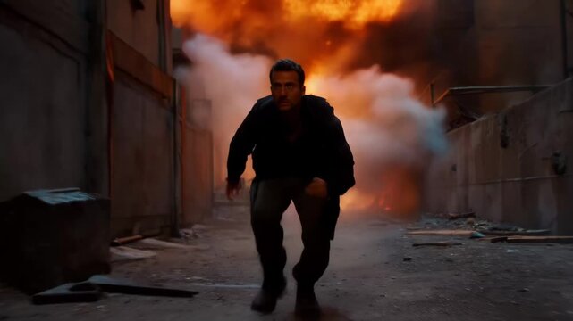 Running away from explosion in a damaged urban area during a chaotic moment in the day