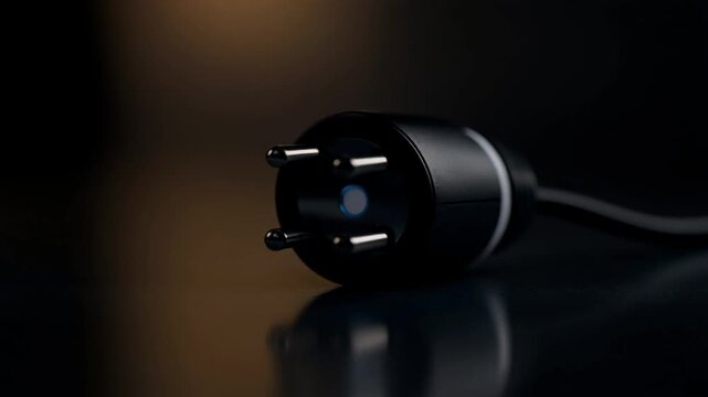 Close-up of a glowing smart plug turning off automatically with a fading LED indicator light, cinematic 4K loop.