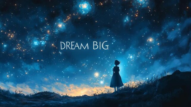 A girl watching a magical starry sky with the motivational quote Dream Big. The boundless potential of a dream. Ideal for inspirational videos, corporate storytelling, or educational content