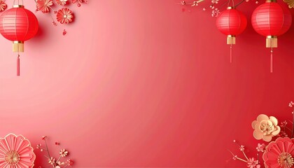 Red chinese new year background with paper lanterns and flowers vector illustration.