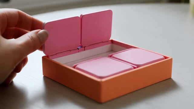 Hand touches pink puzzle pieces in orange box during a quiet afternoon at home