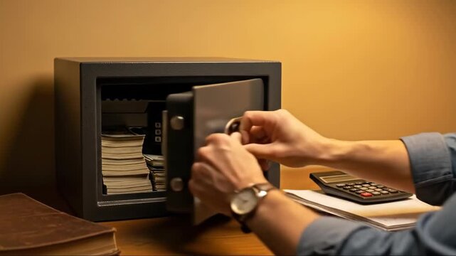 Secure money storage: man locks safe with cash and documents using keypad security