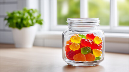 Glass jar filled with colorful gummy candies on a wooden table near a bright window and green plant. Cozy home snack scene, sweet treat lifestyle food photography with copy space.