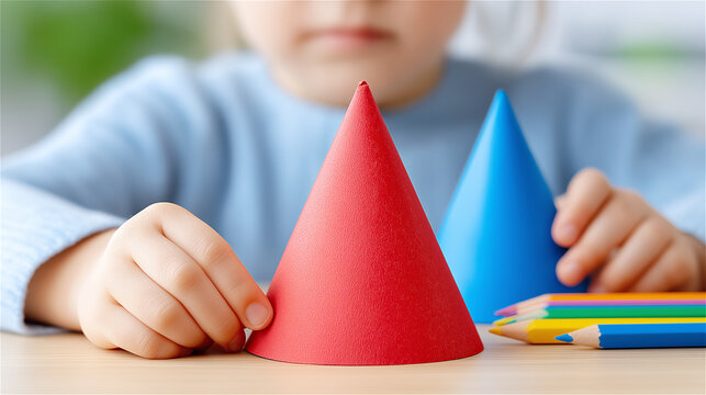 Child hands sorting colorful geometric cones beside pencils on a table, representing early learning, STEM education and creativity. Bright minimal scene focused on development, play and curiosity.