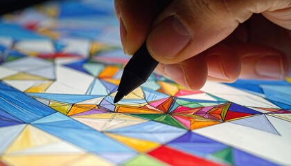Close Up Of A Hand Holding A Stylus Pen Drawing Geometric Patterns On A Colorful Textured Paper With Sharp Focus On The Pen Tip And Detailed Artwork