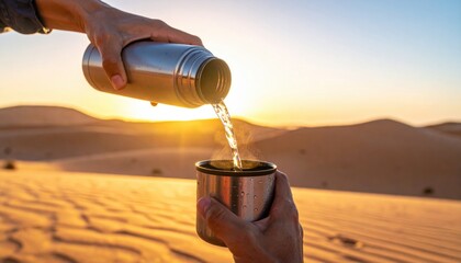 Warm Beverage Poured From Thermos Into Cup Amidst Golden Desert Dunes at Sunset with Sun Flare