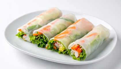 Vegetable spring rolls on white plate with white background stock photo.