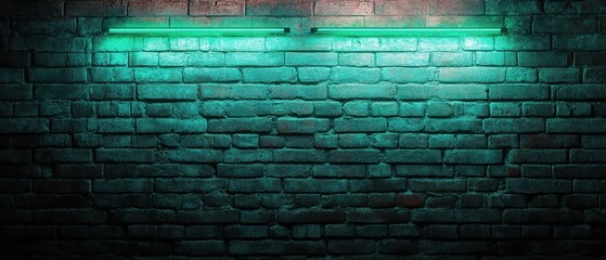 green neon light on a brick wall at night