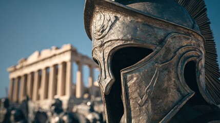 Roman helmet ruins background