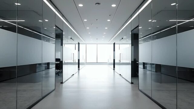 Modern office interior with glass partitions and empty workspace
