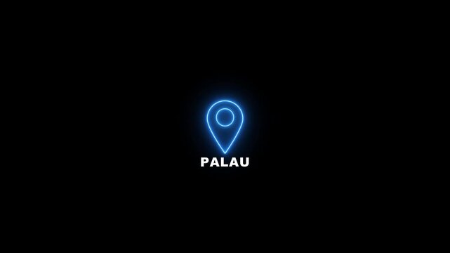 Neon glowing blue location pin looped icon with the word Palau on a black background. Modern Palau country map marker design. Place search and direction icon.