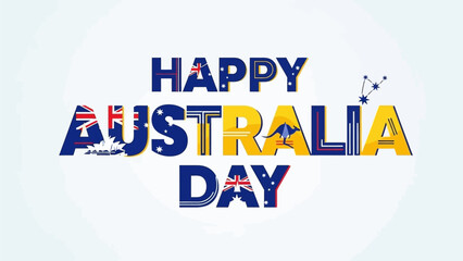 Festive greeting celebrating Australia's national holiday with patriotic flag colors and national symbols embedded in stylized typography graphic