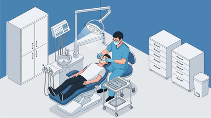 Isometric illustration of a dentist providing professional oral care and conducting a detailed examination for a patient in a modern dental clinic setting