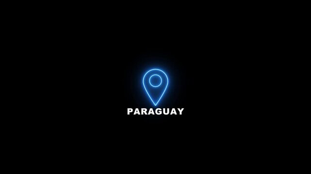 Neon glowing blue location pin looped icon with the word Paraguay on a black background. Modern Paraguay country map marker design. Place search and direction icon.