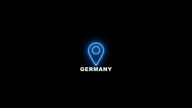 Neon glowing blue location pin looped icon with the word Germany on a black background. Modern Germany country map marker design. Place search and direction icon.