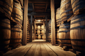 Whiskey aging process visual with stacked oak barrels, perspective view, historical atmosphere