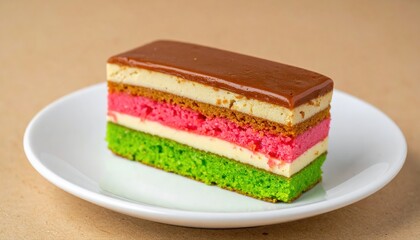 Piece of cake on plate with chocolate drizing on top rest cake.
