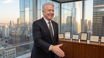 Caucasian man with grey hair wearing suit extending hand for handshake in modern office with city skyline view. Business agreement and corporate leadership success banner with copy space
