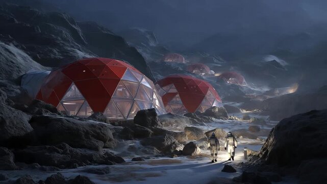 A Mars habitat concept featuring interlinked red-domed capsules, astronauts walking along illuminated paths between modules &mdash; planetary exploration, off-world architecture, and futuristic space
