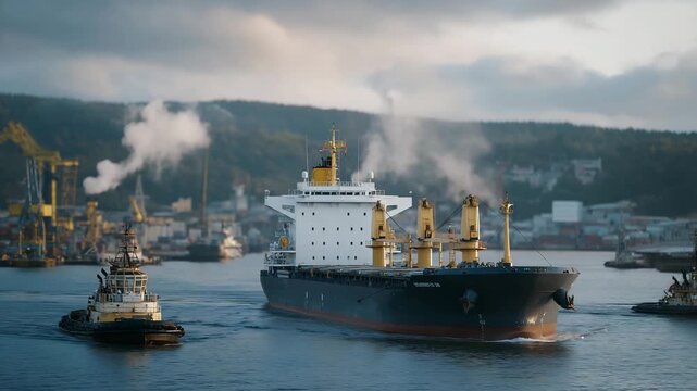 A massive cargo ship slowly pulling into the dockyard as tugboats push from both sides, engine smoke drifting across the harbor in the cool morning air &mdash; marine navigation, port arrival operations,