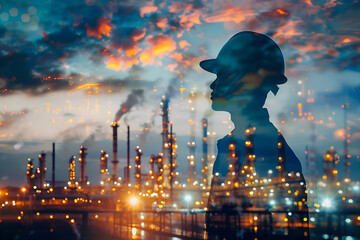 Silhouette of engineer overlaid with industrial cityscape at dusk for design and engineering projects
