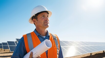 Caucasian man engineer wearing hard hat and safety vest holding blueprints at solar power plant. Renewable energy and sustainable industrial development banner with copy space