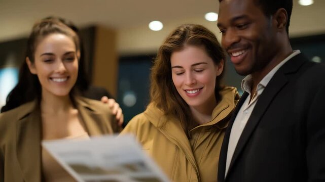 A real estate agent showing gentle excitement as they reveal a beautifully staged home to potential buyers, eyes lighting up as clients react positively &mdash; polished presentation, emotional