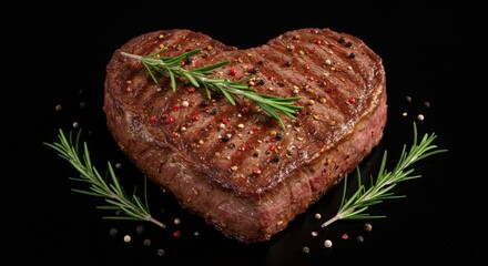 Heart shaped grilled steak with rosemary on black background