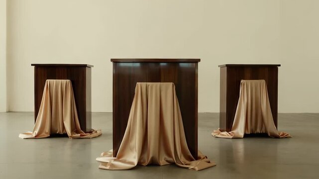 Empty wood tables covered with fabric in a minimal space during daytime
