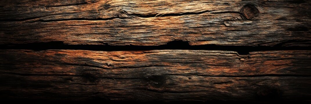 Aged Rough Hewn Lumber, Cracked Surface Plank Banner, Rustic Distressed Knot Element. Empty Space.