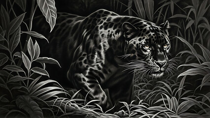 Mysterious black panther illustration, a powerful wild cat stalking through dark jungle foliage in striking monochrome.