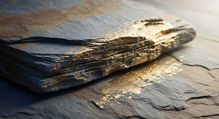 Close-up of dark gray rock layers with golden accents, exhibiting a rough texture and representing natural geological formation and raw materials