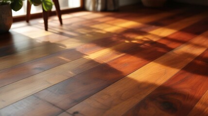 A close-up shot of a polished wooden floor with rich, warm tones and visible grain patterns. The surface reflects soft natural light streaming through a nearby window, highlighting the texture and dep