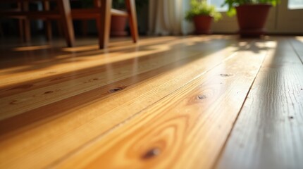 A close-up shot of a polished wooden floor with rich, warm tones and visible grain patterns. The surface reflects soft natural light streaming through a nearby window, highlighting the texture and dep